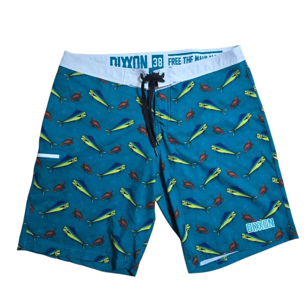 Dixxon Board Shorts Mens 38 Green Mahi Mahi Lobster Swim Trunks Fishing Beach